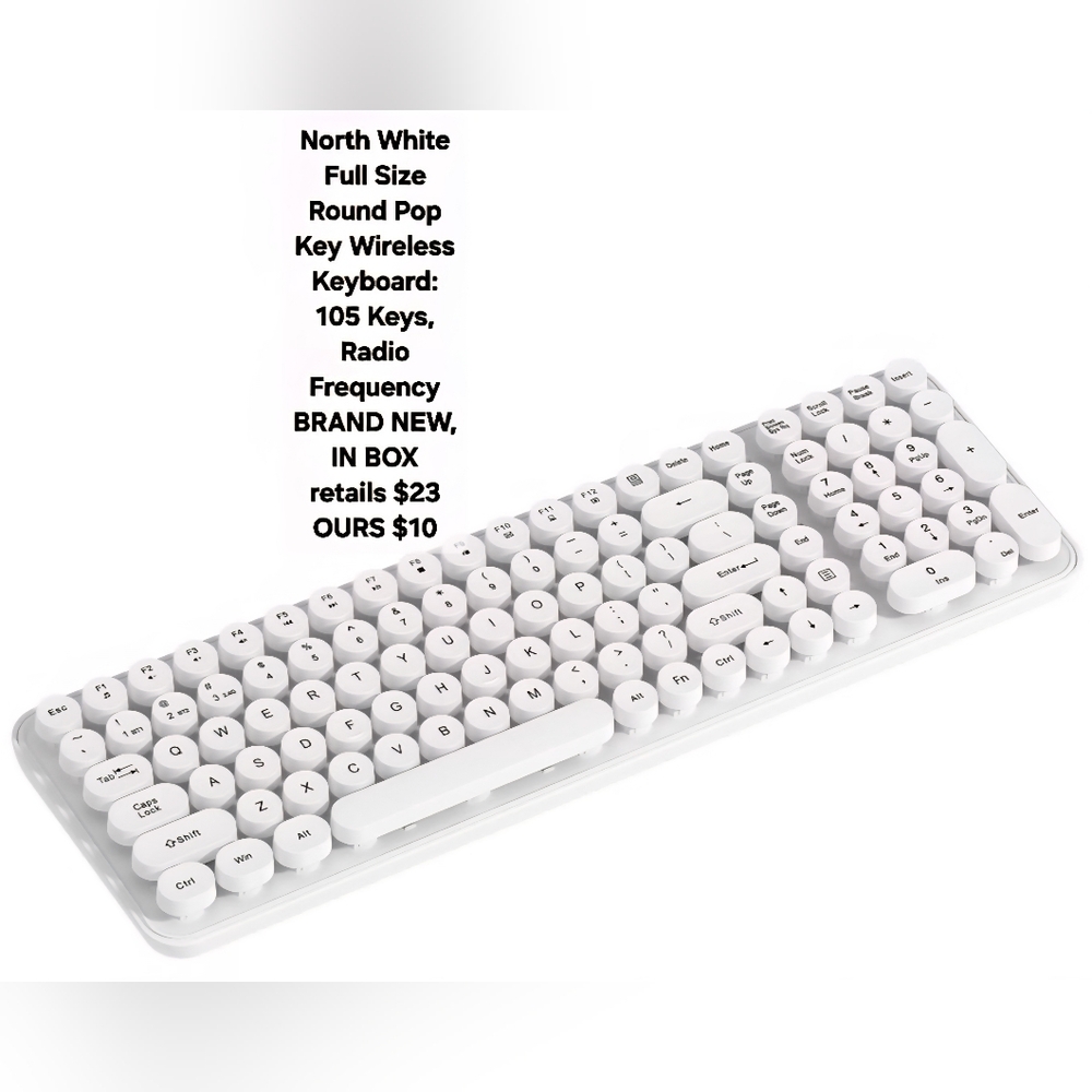 NIB North White Full Size Round Pop Key Wireless Bluetooth Keyboard: 105 Keys